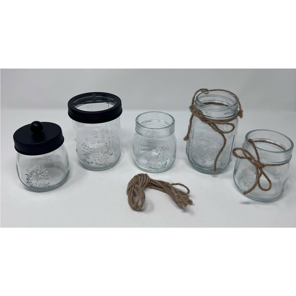 Mason Jar 5pc Bathroom Set‎ Toothbrush & Toothpaste Holder No Lids Extra Twine